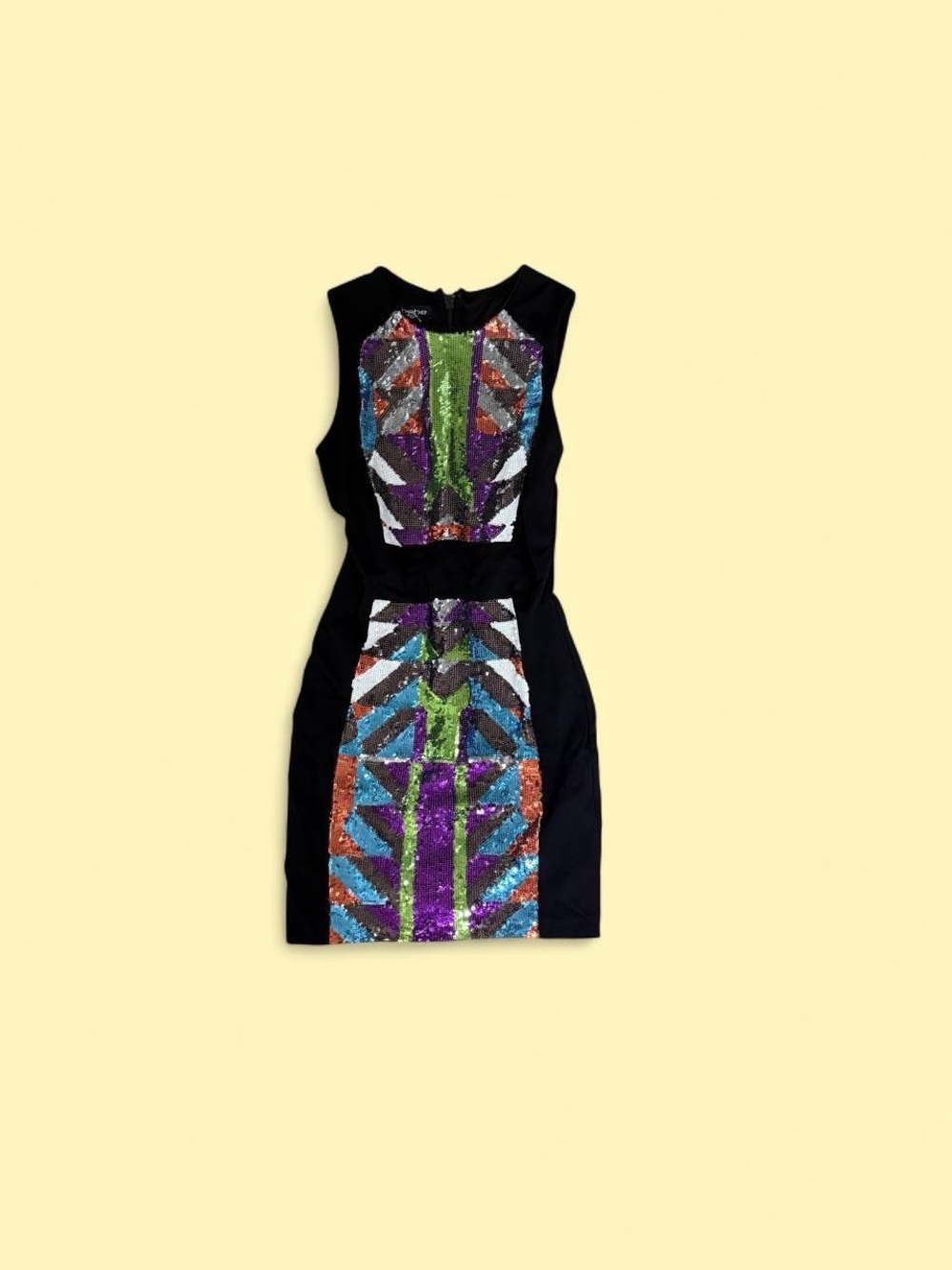 bebe Black Mini Dress with Multicolor Sequin Panels